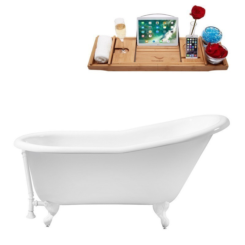STREAMLINE R5120WH-WH 60 INCH CAST IRON SOAKING CLAWFOOT TUB WITH TRAY AND EXTERNAL DRAIN IN GLOSSY WHITE