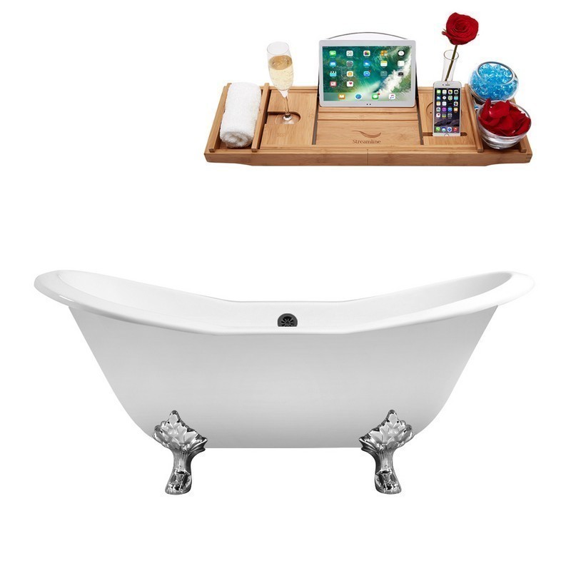 STREAMLINE R5162CH-BL 72 INCH CAST IRON SOAKING CLAWFOOT TUB WITH TRAY AND EXTERNAL DRAIN IN GLOSSY WHITE