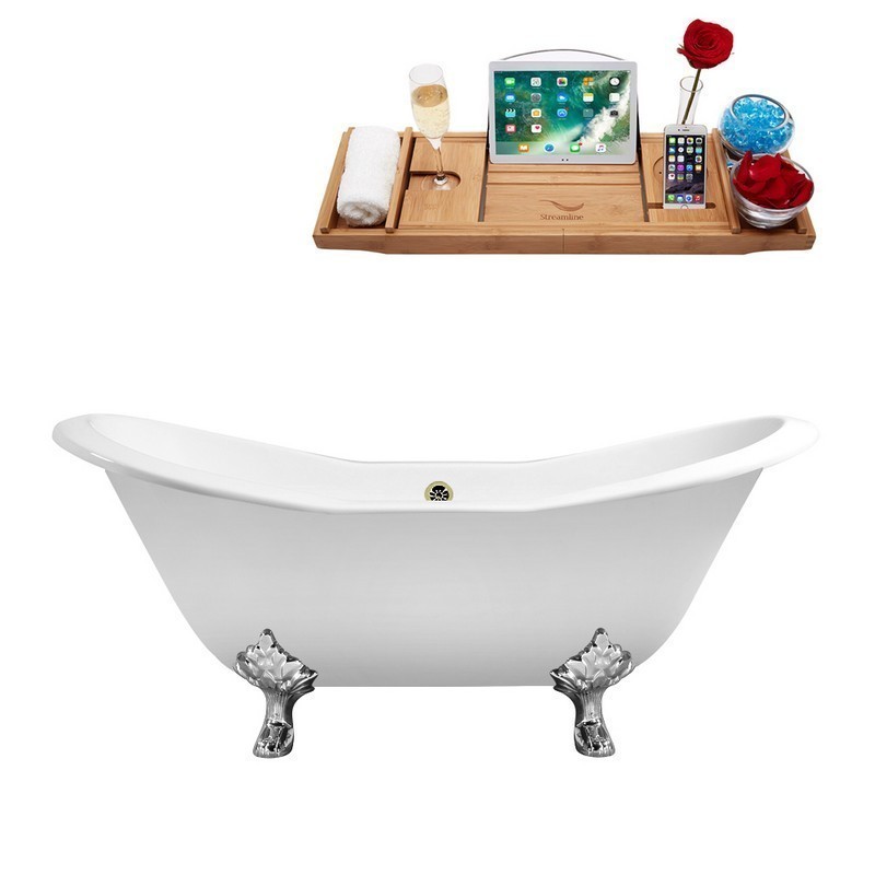 STREAMLINE R5162CH-BNK 72 INCH CAST IRON SOAKING CLAWFOOT TUB WITH TRAY AND EXTERNAL DRAIN IN GLOSSY WHITE