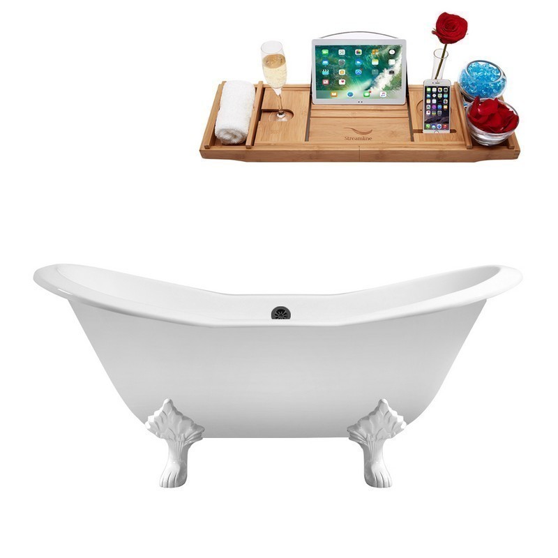 STREAMLINE R5162WH-BL 72 INCH CAST IRON SOAKING CLAWFOOT TUB WITH TRAY AND EXTERNAL DRAIN IN GLOSSY WHITE