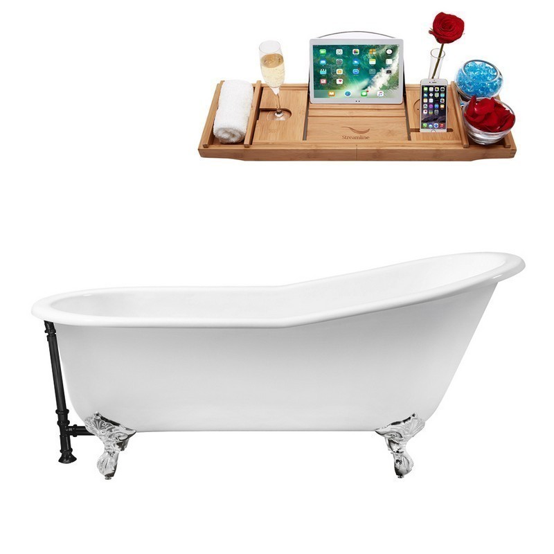 STREAMLINE R5220CH-BL 67 INCH CAST IRON SOAKING CLAWFOOT TUB WITH TRAY AND EXTERNAL DRAIN IN GLOSSY WHITE