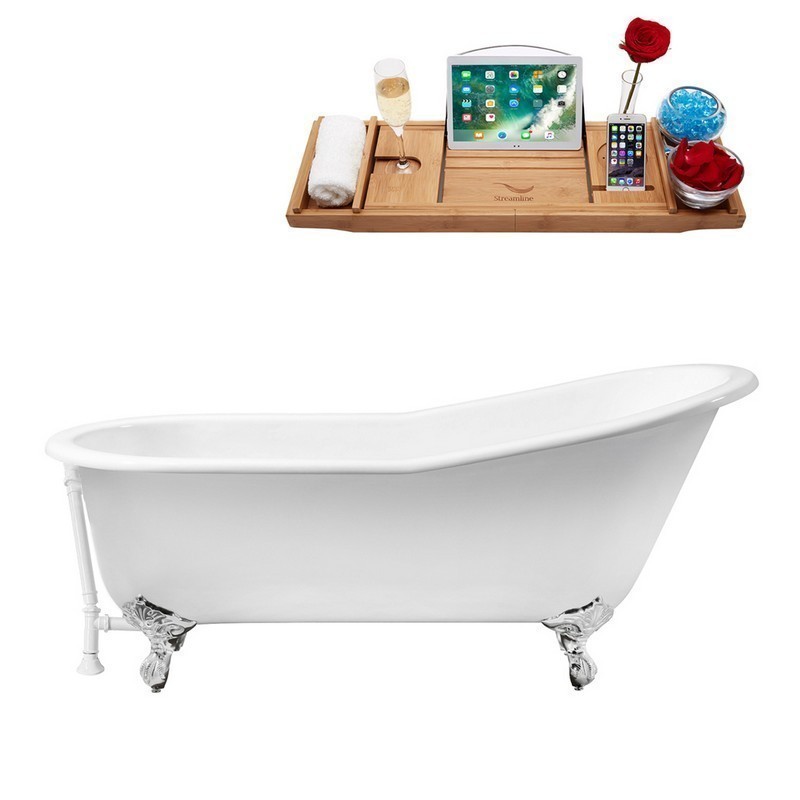 STREAMLINE R5220CH-WH 67 INCH CAST IRON SOAKING CLAWFOOT TUB WITH TRAY AND EXTERNAL DRAIN IN GLOSSY WHITE