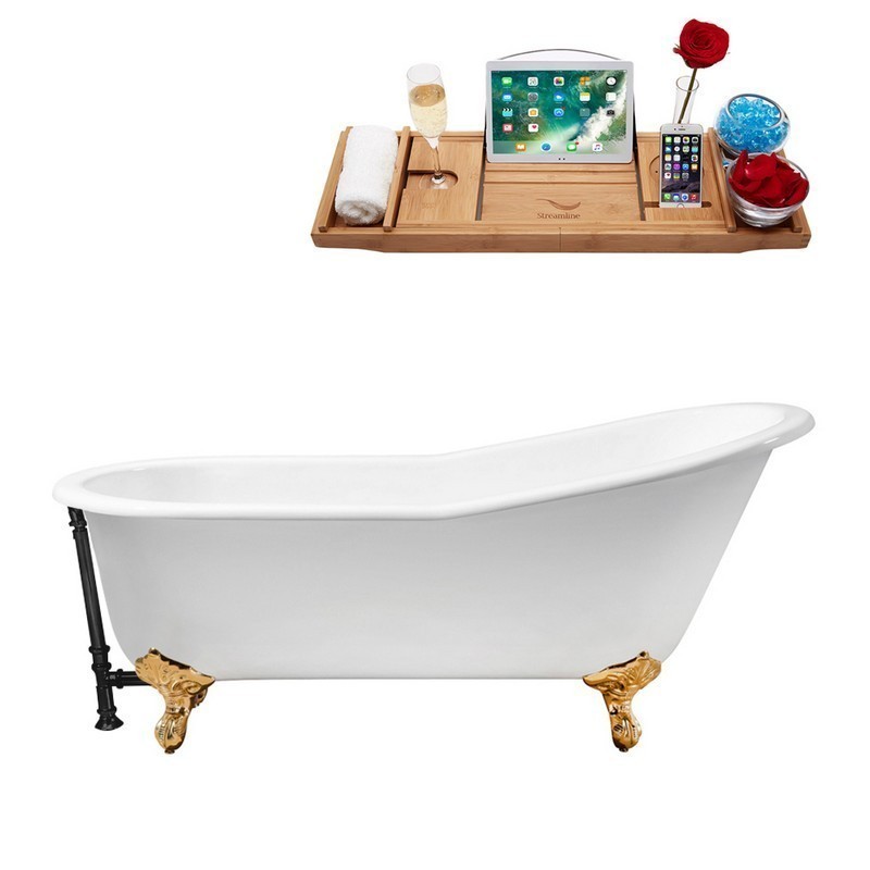 STREAMLINE R5220GLD-BL 67 INCH CAST IRON SOAKING CLAWFOOT TUB WITH TRAY AND EXTERNAL DRAIN IN GLOSSY WHITE