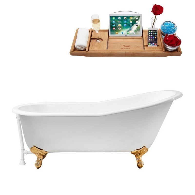 STREAMLINE R5220GLD-WH 67 INCH CAST IRON SOAKING CLAWFOOT TUB WITH TRAY AND EXTERNAL DRAIN IN GLOSSY WHITE