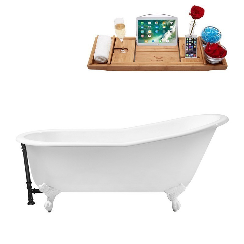 STREAMLINE R5220WH-BL 67 INCH CAST IRON SOAKING CLAWFOOT TUB WITH TRAY AND EXTERNAL DRAIN IN GLOSSY WHITE