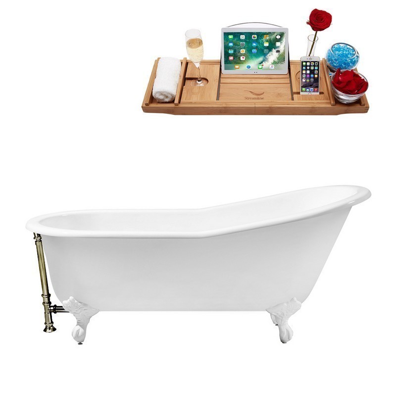 STREAMLINE R5220WH-BNK 67 INCH CAST IRON SOAKING CLAWFOOT TUB WITH TRAY AND EXTERNAL DRAIN IN GLOSSY WHITE