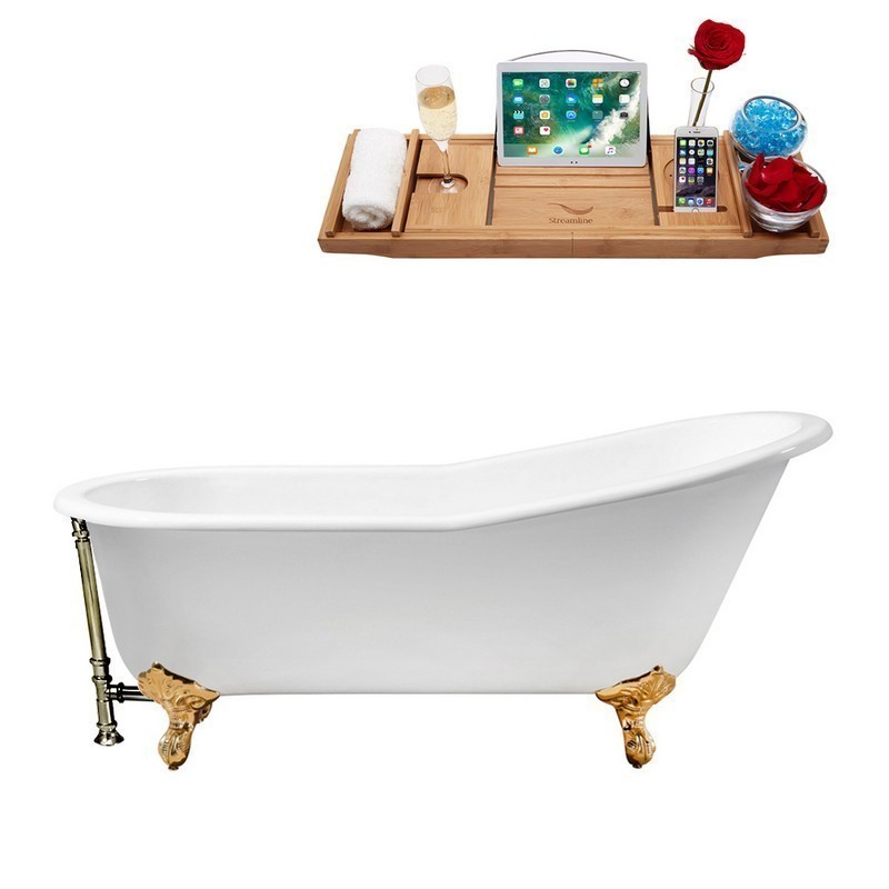 STREAMLINE R5221GLD-BNK 61 INCH CAST IRON SOAKING CLAWFOOT TUB WITH TRAY AND EXTERNAL DRAIN IN GLOSSY WHITE
