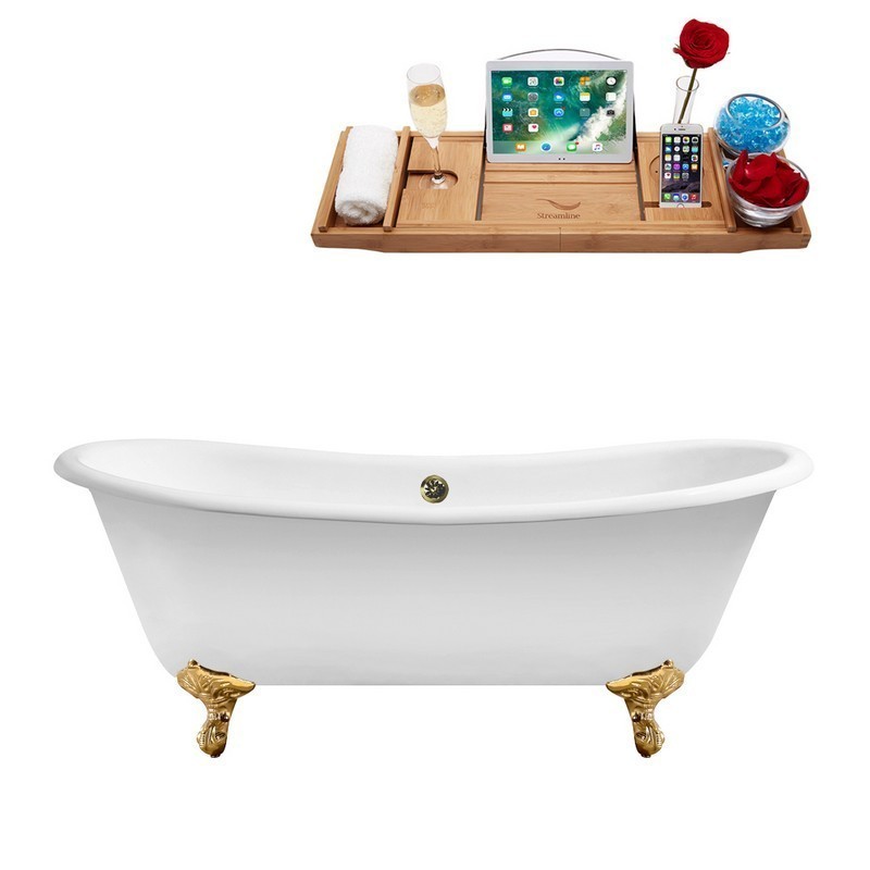 STREAMLINE R5240GLD-BNK 71 INCH CAST IRON SOAKING CLAWFOOT TUB WITH TRAY AND EXTERNAL DRAIN IN GLOSSY WHITE