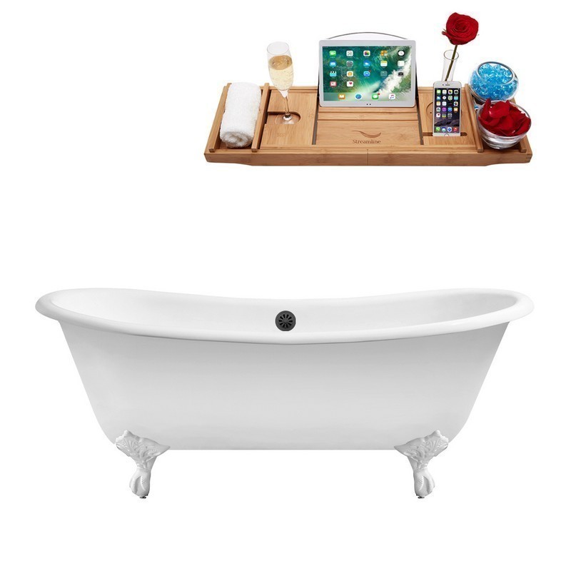 STREAMLINE R5240WH-BL 71 INCH CAST IRON SOAKING CLAWFOOT TUB WITH TRAY AND EXTERNAL DRAIN IN GLOSSY WHITE
