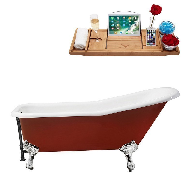 STREAMLINE R5280CH-BL 66 INCH CAST IRON SOAKING CLAWFOOT TUB WITH TRAY AND EXTERNAL DRAIN IN GLOSSY RED