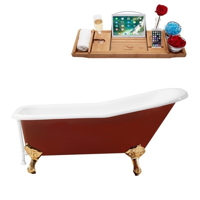 STREAMLINE R5280GLD-WH 66 INCH CAST IRON SOAKING CLAWFOOT TUB WITH TRAY AND EXTERNAL DRAIN IN GLOSSY RED
