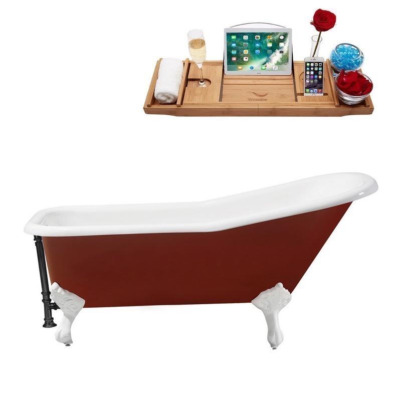 STREAMLINE R5280WH-BL 66 INCH CAST IRON SOAKING CLAWFOOT TUB WITH TRAY AND EXTERNAL DRAIN IN GLOSSY RED