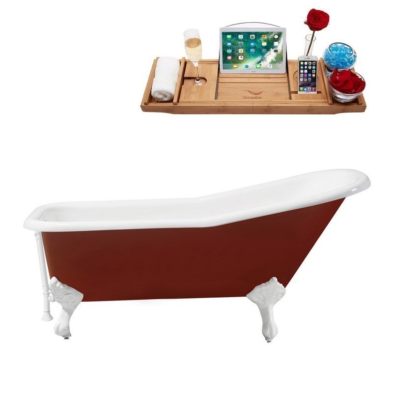 STREAMLINE R5280WH-WH 66 INCH CAST IRON SOAKING CLAWFOOT TUB WITH TRAY AND EXTERNAL DRAIN IN GLOSSY RED