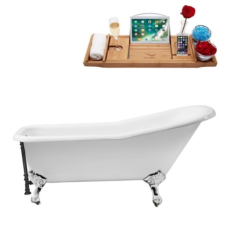 STREAMLINE R5281CH-BL 66 INCH CAST IRON SOAKING CLAWFOOT TUB WITH TRAY AND EXTERNAL DRAIN IN GLOSSY WHITE