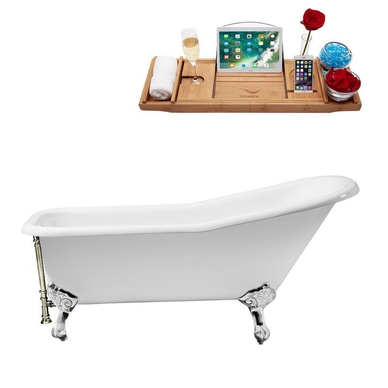STREAMLINE R5281CH-BNK 66 INCH CAST IRON SOAKING CLAWFOOT TUB WITH TRAY AND EXTERNAL DRAIN IN GLOSSY WHITE