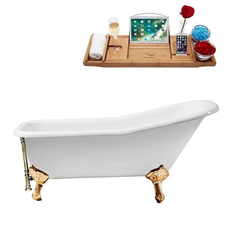 STREAMLINE R5281GLD-BNK 66 INCH CAST IRON SOAKING CLAWFOOT TUB WITH TRAY AND EXTERNAL DRAIN IN GLOSSY WHITE