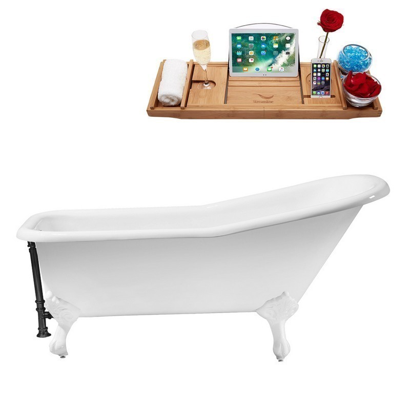 STREAMLINE R5281WH-BL 66 INCH CAST IRON SOAKING CLAWFOOT TUB WITH TRAY AND EXTERNAL DRAIN IN GLOSSY WHITE