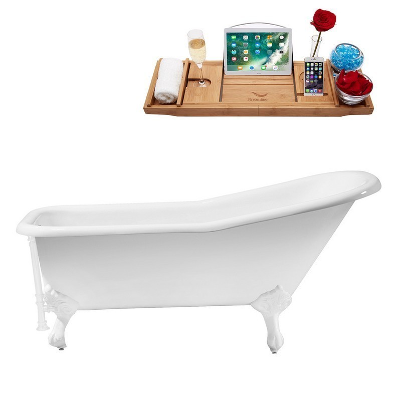 STREAMLINE R5281WH-WH 66 INCH CAST IRON SOAKING CLAWFOOT TUB WITH TRAY AND EXTERNAL DRAIN IN GLOSSY WHITE