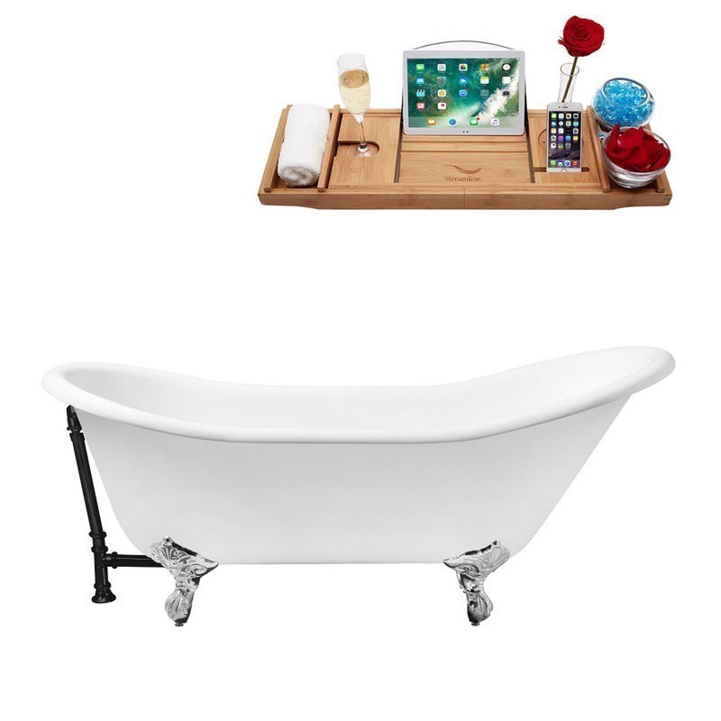 STREAMLINE R5420CH-BL 67 INCH CAST IRON SOAKING CLAWFOOT TUB WITH TRAY AND EXTERNAL DRAIN IN GLOSSY WHITE