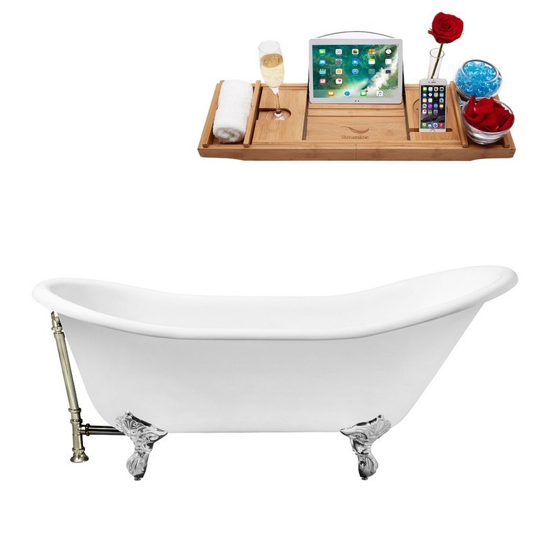 STREAMLINE R5420CH-BNK 67 INCH CAST IRON SOAKING CLAWFOOT TUB WITH TRAY AND EXTERNAL DRAIN IN GLOSSY WHITE