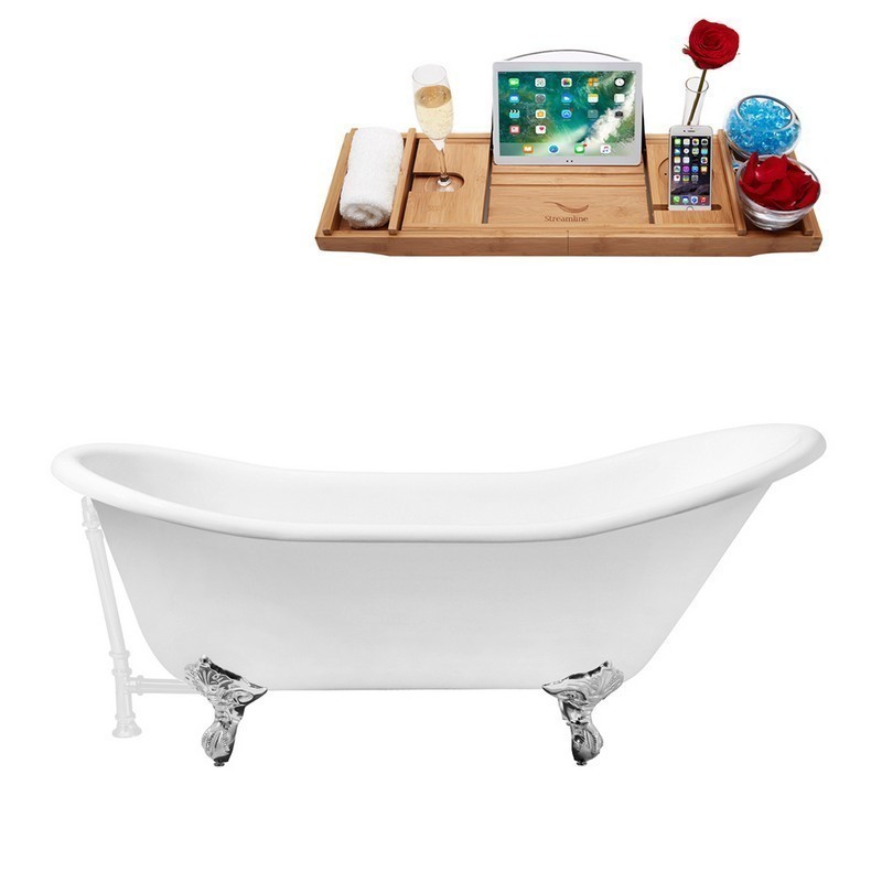 STREAMLINE R5420CH-WH 67 INCH CAST IRON SOAKING CLAWFOOT TUB WITH TRAY AND EXTERNAL DRAIN IN GLOSSY WHITE