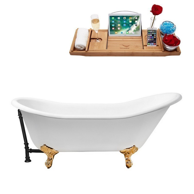 STREAMLINE R5420GLD-BL 67 INCH CAST IRON SOAKING CLAWFOOT TUB WITH TRAY AND EXTERNAL DRAIN IN GLOSSY WHITE