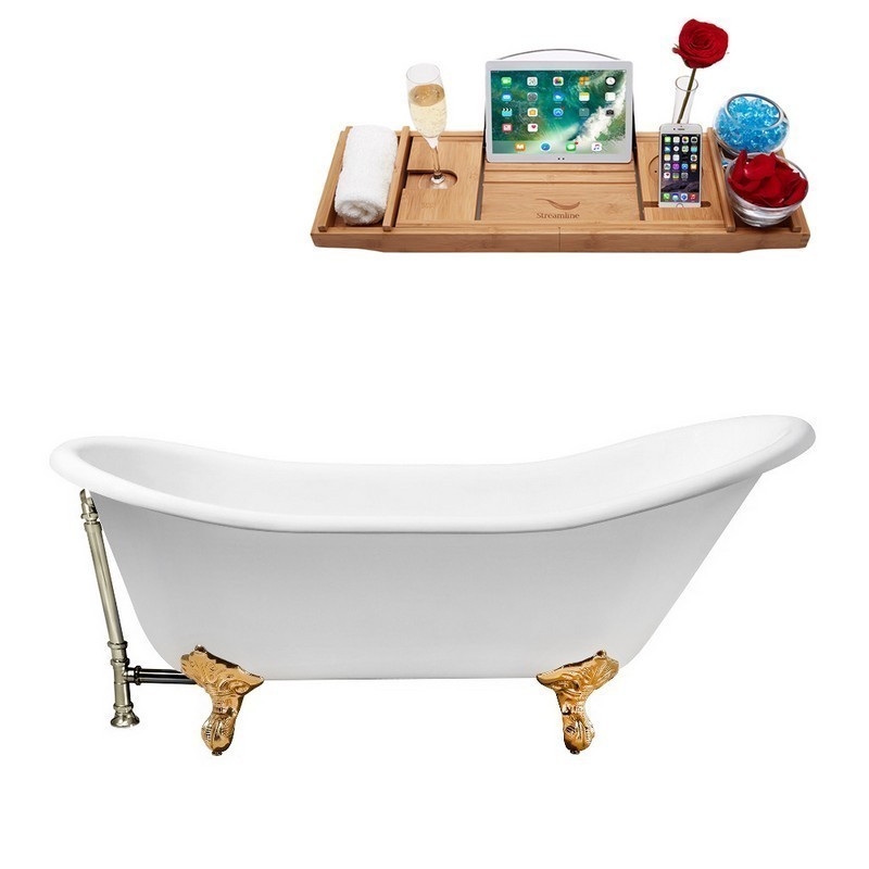 STREAMLINE R5420GLD-BNK 67 INCH CAST IRON SOAKING CLAWFOOT TUB WITH TRAY AND EXTERNAL DRAIN IN GLOSSY WHITE