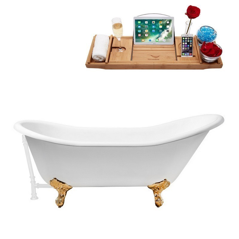 STREAMLINE R5420GLD-WH 67 INCH CAST IRON SOAKING CLAWFOOT TUB WITH TRAY AND EXTERNAL DRAIN IN GLOSSY WHITE