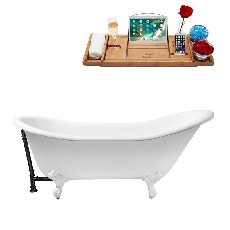 STREAMLINE R5420WH-BL 67 INCH CAST IRON SOAKING CLAWFOOT TUB WITH TRAY AND EXTERNAL DRAIN IN GLOSSY WHITE