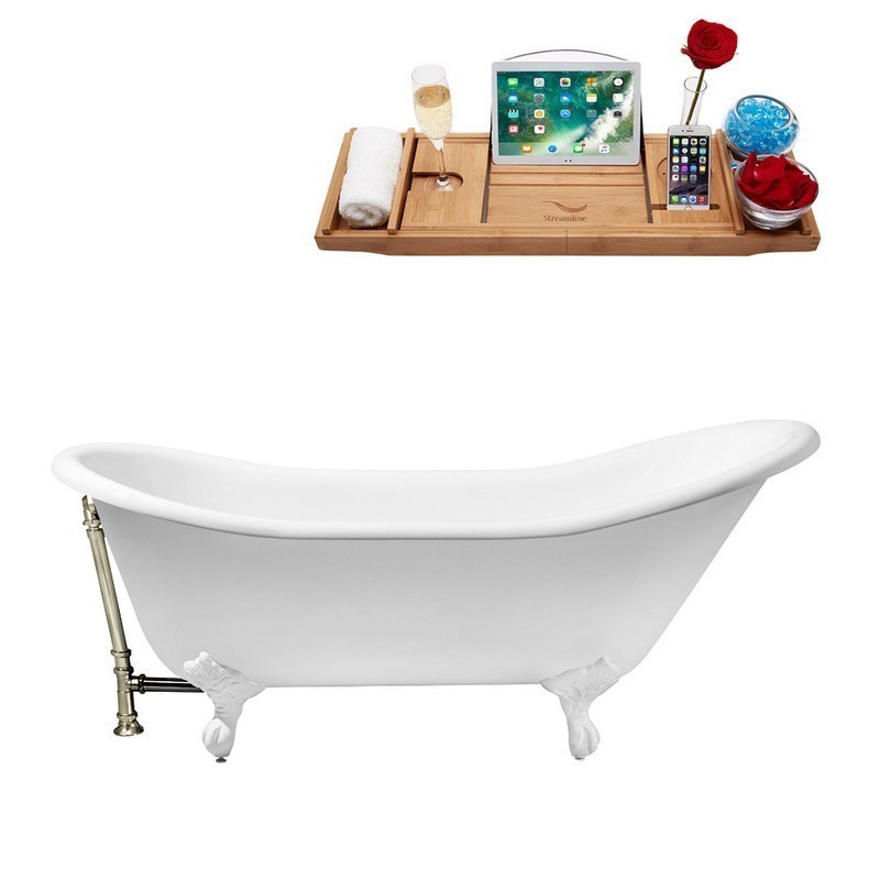 STREAMLINE R5420WH-BNK 67 INCH CAST IRON SOAKING CLAWFOOT TUB WITH TRAY AND EXTERNAL DRAIN IN GLOSSY WHITE