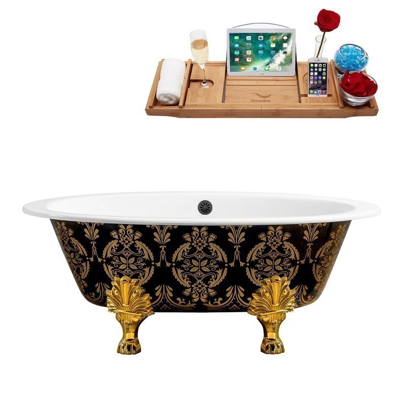 STREAMLINE R5440GLD-BL 65 INCH CAST IRON SOAKING CLAWFOOT TUB WITH TRAY AND EXTERNAL DRAIN IN GLOSSY GREEN/GOLD