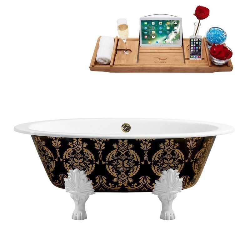 STREAMLINE R5440WH-BNK 65 INCH CAST IRON SOAKING CLAWFOOT TUB WITH TRAY AND EXTERNAL DRAIN IN GLOSSY GREEN/GOLD