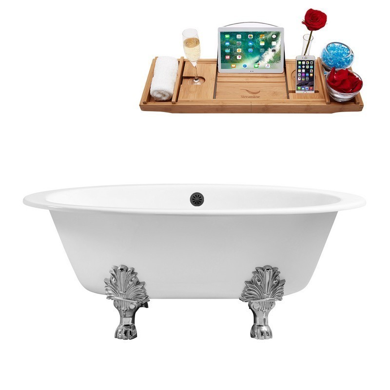 STREAMLINE R5442CH-BL 65 INCH CAST IRON SOAKING CLAWFOOT TUB WITH TRAY AND EXTERNAL DRAIN IN GLOSSY WHITE