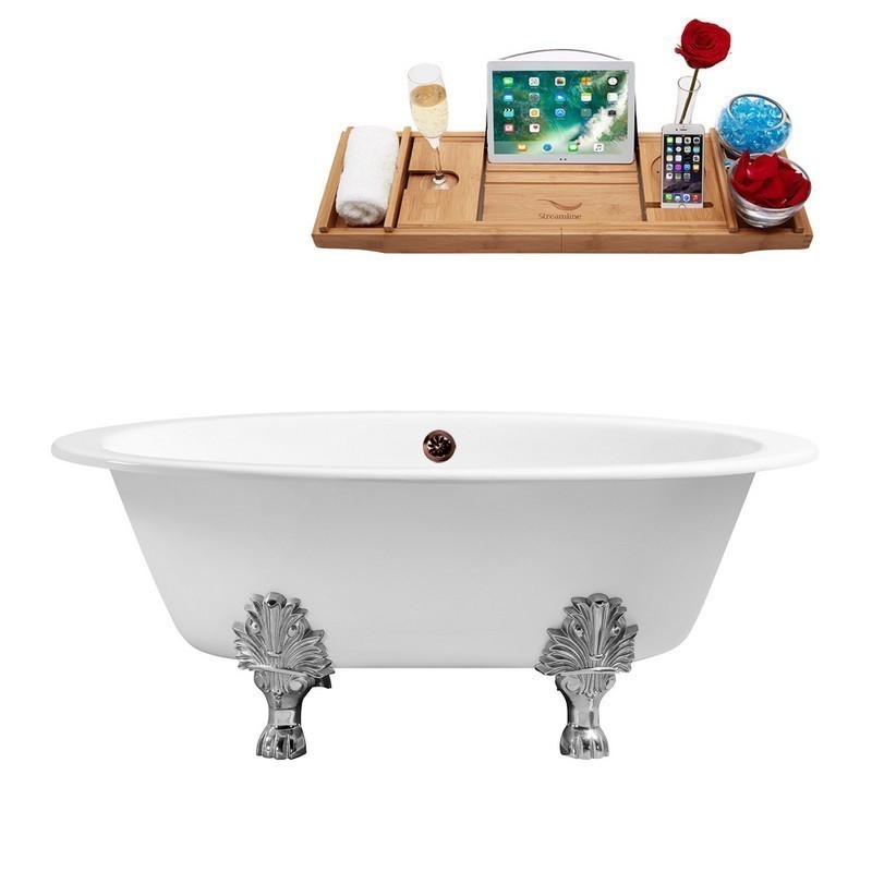 STREAMLINE R5442CH-ORB 65 INCH CAST IRON SOAKING CLAWFOOT TUB WITH TRAY AND EXTERNAL DRAIN IN GLOSSY WHITE