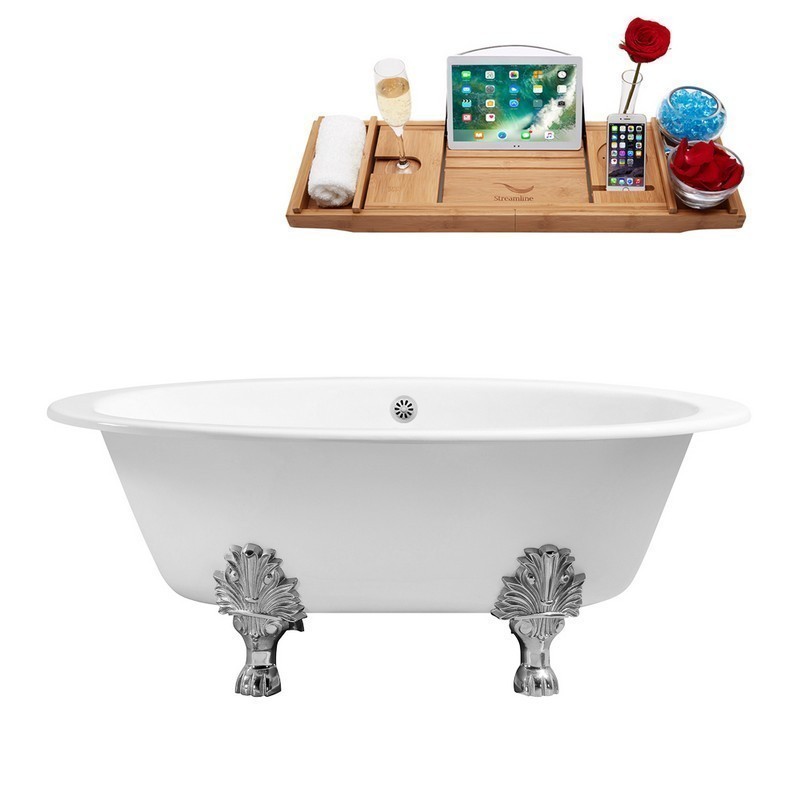 STREAMLINE R5442CH-WH 65 INCH CAST IRON SOAKING CLAWFOOT TUB WITH TRAY AND EXTERNAL DRAIN IN GLOSSY WHITE