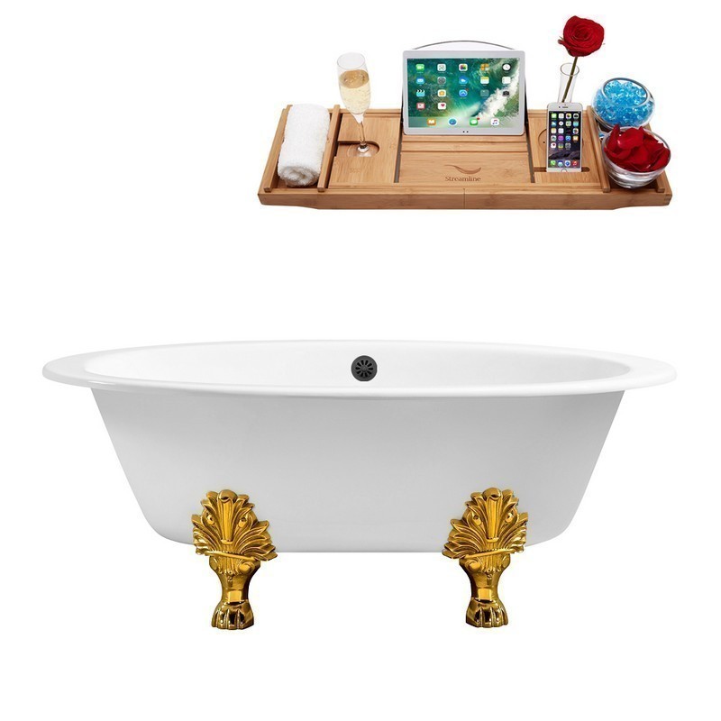 STREAMLINE R5442GLD-BL 65 INCH CAST IRON SOAKING CLAWFOOT TUB WITH TRAY AND EXTERNAL DRAIN IN GLOSSY WHITE