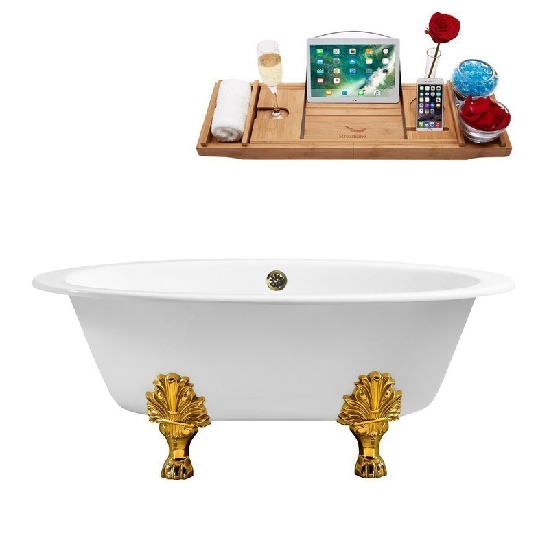 STREAMLINE R5442GLD-BNK 65 INCH CAST IRON SOAKING CLAWFOOT TUB WITH TRAY AND EXTERNAL DRAIN IN GLOSSY WHITE