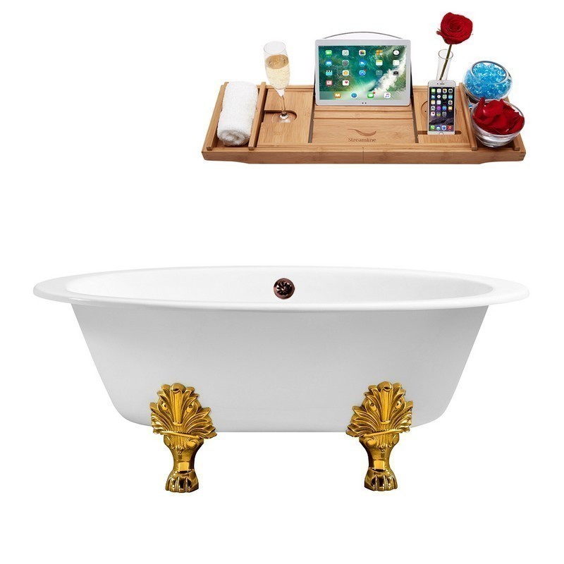 STREAMLINE R5442GLD-ORB 65 INCH CAST IRON SOAKING CLAWFOOT TUB WITH TRAY AND EXTERNAL DRAIN IN GLOSSY WHITE