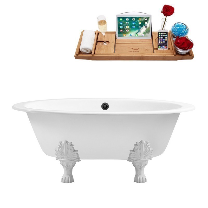 STREAMLINE R5442WH-BL 65 INCH CAST IRON SOAKING CLAWFOOT TUB WITH TRAY AND EXTERNAL DRAIN IN GLOSSY WHITE