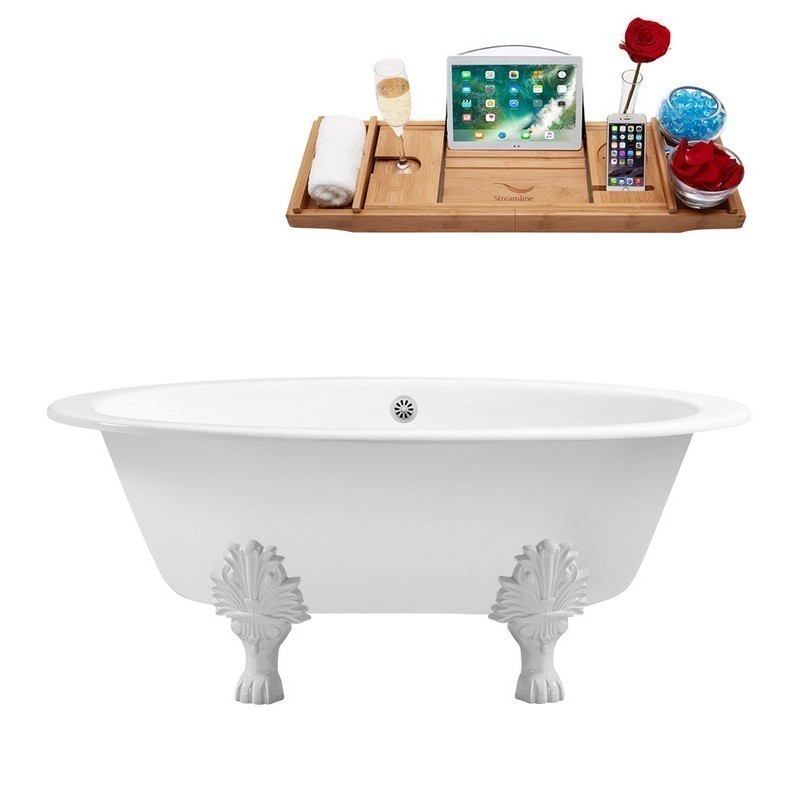 STREAMLINE R5442WH-WH 65 INCH CAST IRON SOAKING CLAWFOOT TUB WITH TRAY AND EXTERNAL DRAIN IN GLOSSY WHITE