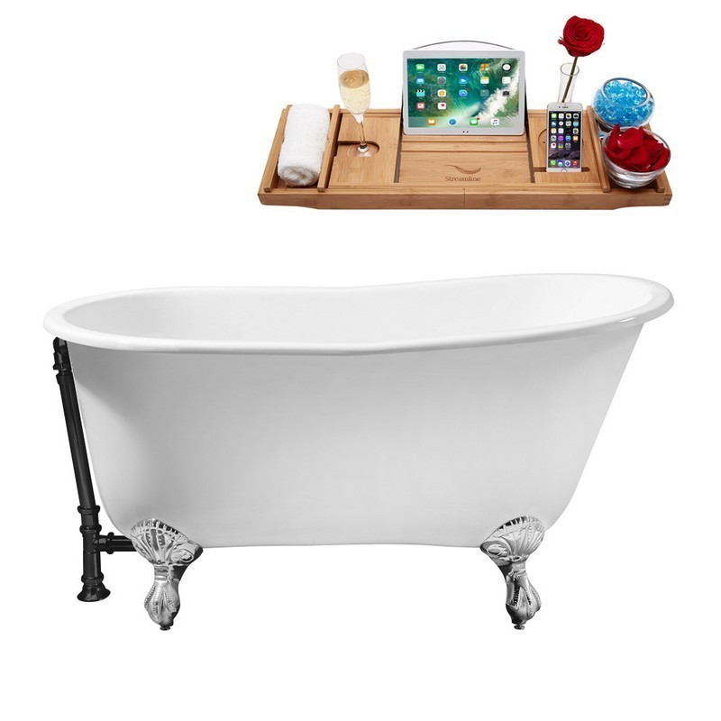 STREAMLINE R5460CH-BL 53 INCH CAST IRON SOAKING CLAWFOOT TUB WITH TRAY AND EXTERNAL DRAIN IN GLOSSY WHITE