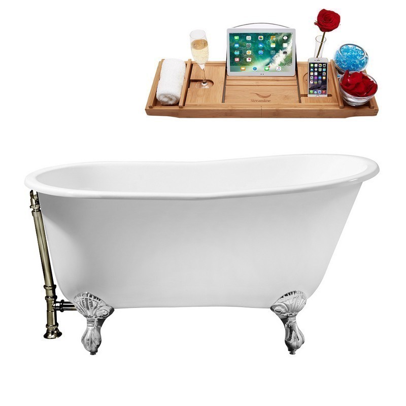 STREAMLINE R5460CH-BNK 53 INCH CAST IRON SOAKING CLAWFOOT TUB WITH TRAY AND EXTERNAL DRAIN IN GLOSSY WHITE