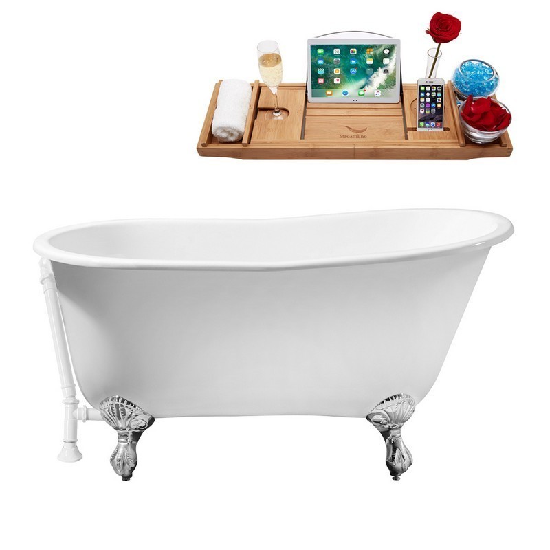 STREAMLINE R5460CH-WH 53 INCH CAST IRON SOAKING CLAWFOOT TUB WITH TRAY AND EXTERNAL DRAIN IN GLOSSY WHITE