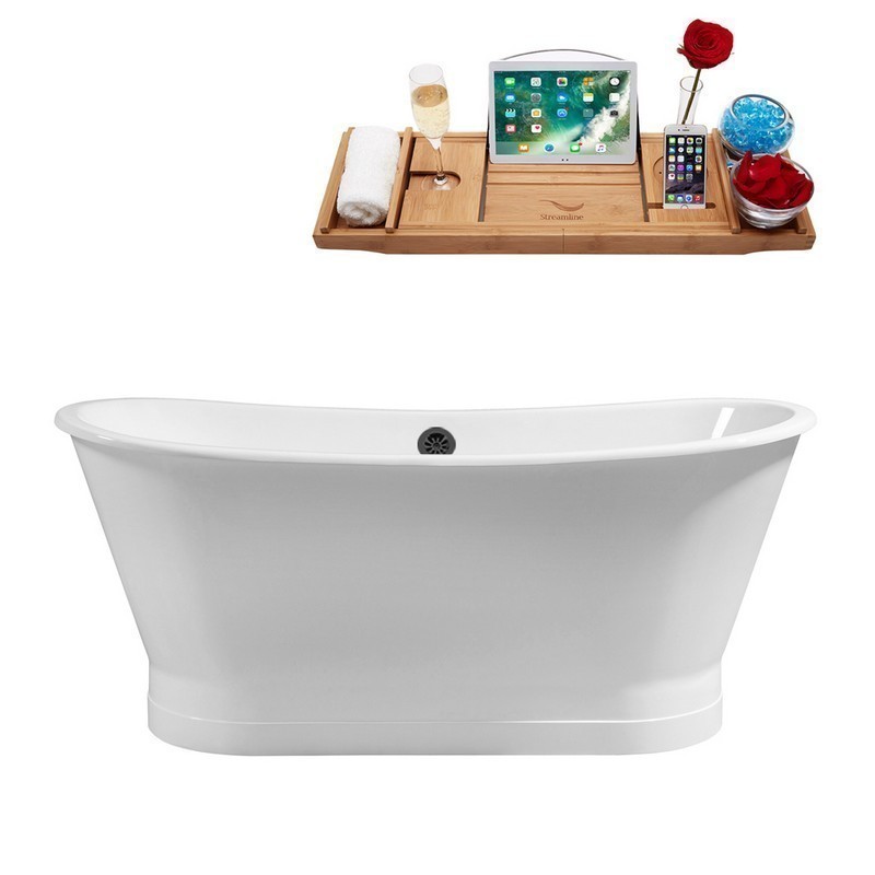 STREAMLINE R5042BL 67 INCH CAST IRON SOAKING FREE-STANDING TUB WITH TRAY AND EXTERNAL DRAIN IN GLOSSY WHITE