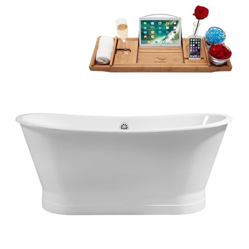 STREAMLINE R5042WH 67 INCH CAST IRON SOAKING FREE-STANDING TUB WITH TRAY AND EXTERNAL DRAIN IN GLOSSY WHITE