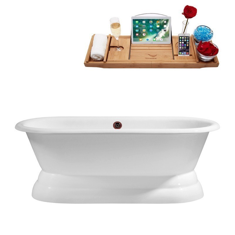 STREAMLINE R5080ORB 66 INCH CAST IRON SOAKING FREE-STANDING TUB WITH TRAY AND EXTERNAL DRAIN IN GLOSSY WHITE