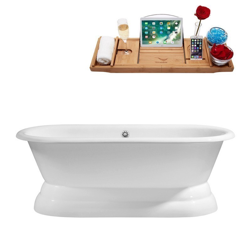 STREAMLINE R5081WH 60 INCH CAST IRON SOAKING FREE-STANDING TUB WITH TRAY AND EXTERNAL DRAIN IN GLOSSY WHITE
