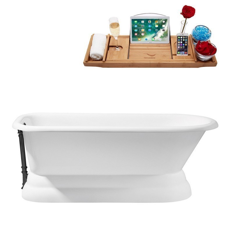 STREAMLINE R5140BL 66 INCH CAST IRON SOAKING FREE-STANDING TUB WITH TRAY AND EXTERNAL DRAIN IN GLOSSY WHITE