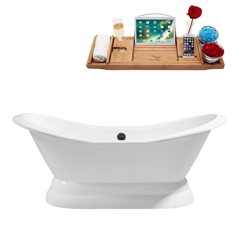 STREAMLINE R5180BL 72 INCH CAST IRON SOAKING FREE-STANDING TUB WITH TRAY AND EXTERNAL DRAIN IN GLOSSY WHITE
