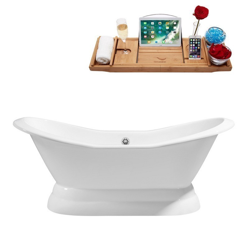 STREAMLINE R5180WH 72 INCH CAST IRON SOAKING FREE-STANDING TUB WITH TRAY AND EXTERNAL DRAIN IN GLOSSY WHITE